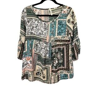 COOL MELON WOMENS SZ SMALL FLORAL BELL SLEEVE TUNIC MULTI COLOR